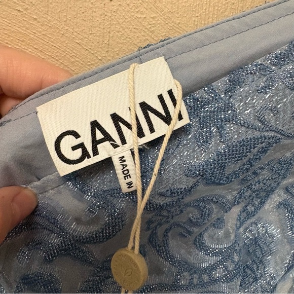 Ganni Feather-trim Brocade Mini Dress Mid Blue Size 34 XS - Picture 14 of 16